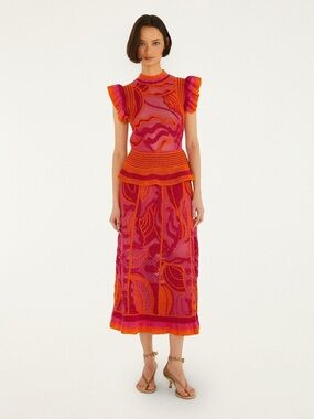 Farm Rio Pink And Orange Seashell Ruffled Crochet Top